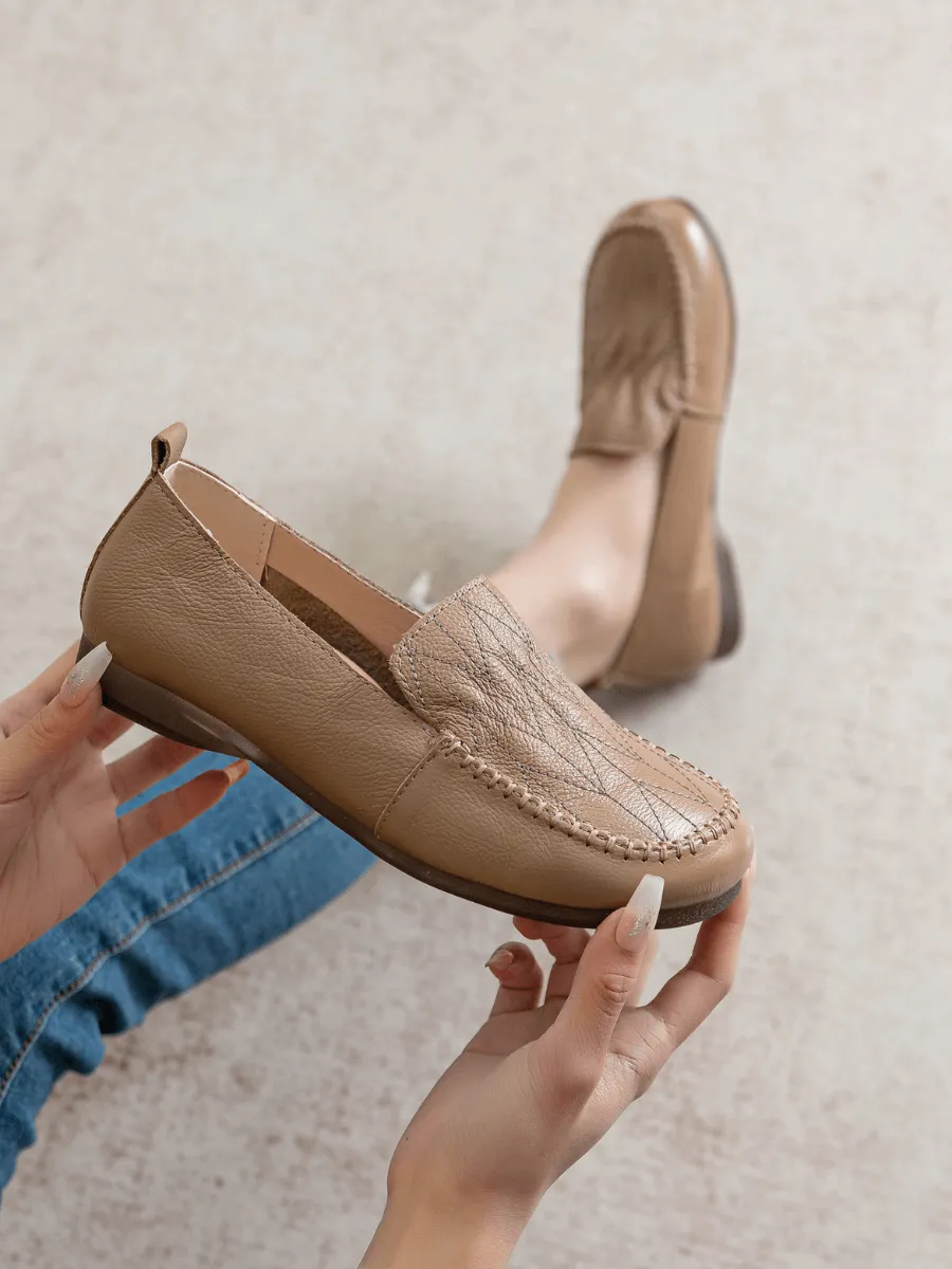 Geometry Stitching Upper Leather Loafer - Tan