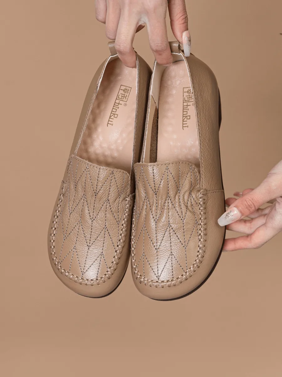 Geometry Stitching Upper Leather Loafer - Tan