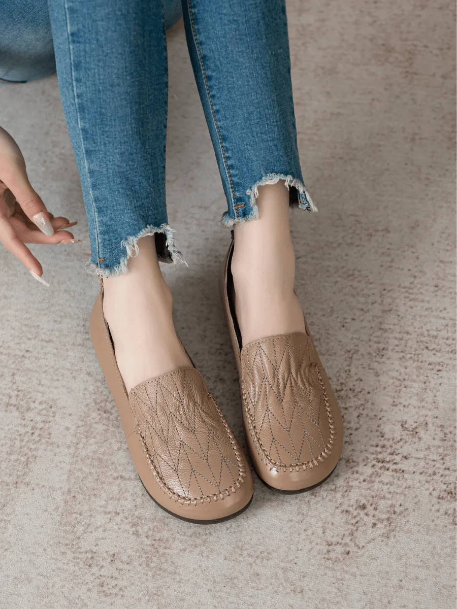 Geometry Stitching Upper Leather Loafer - Tan