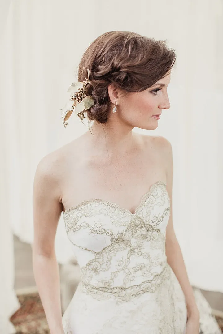 Gold Lace Off White Tulle Sweetheart Strapless A-line Wedding Dresses, WD0165