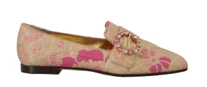 Gold Pink Brocade Crystal Loafers