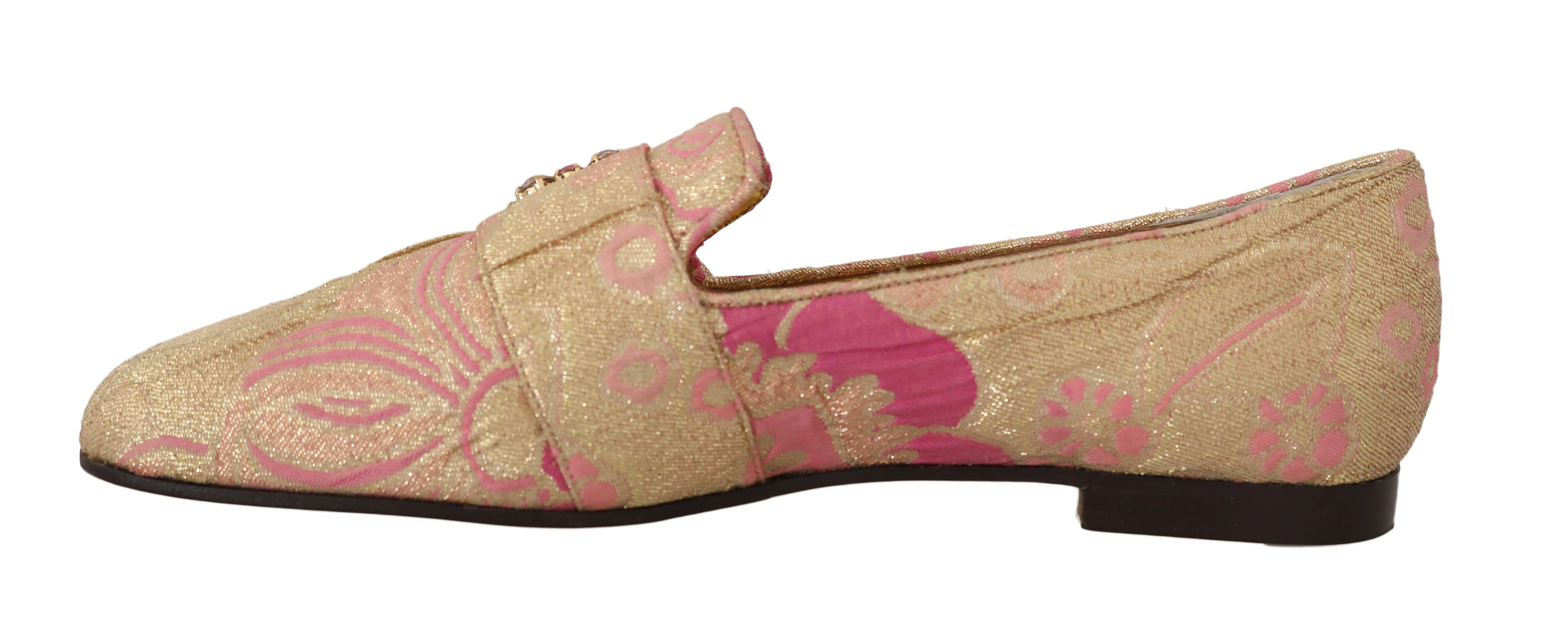 Gold Pink Brocade Crystal Loafers