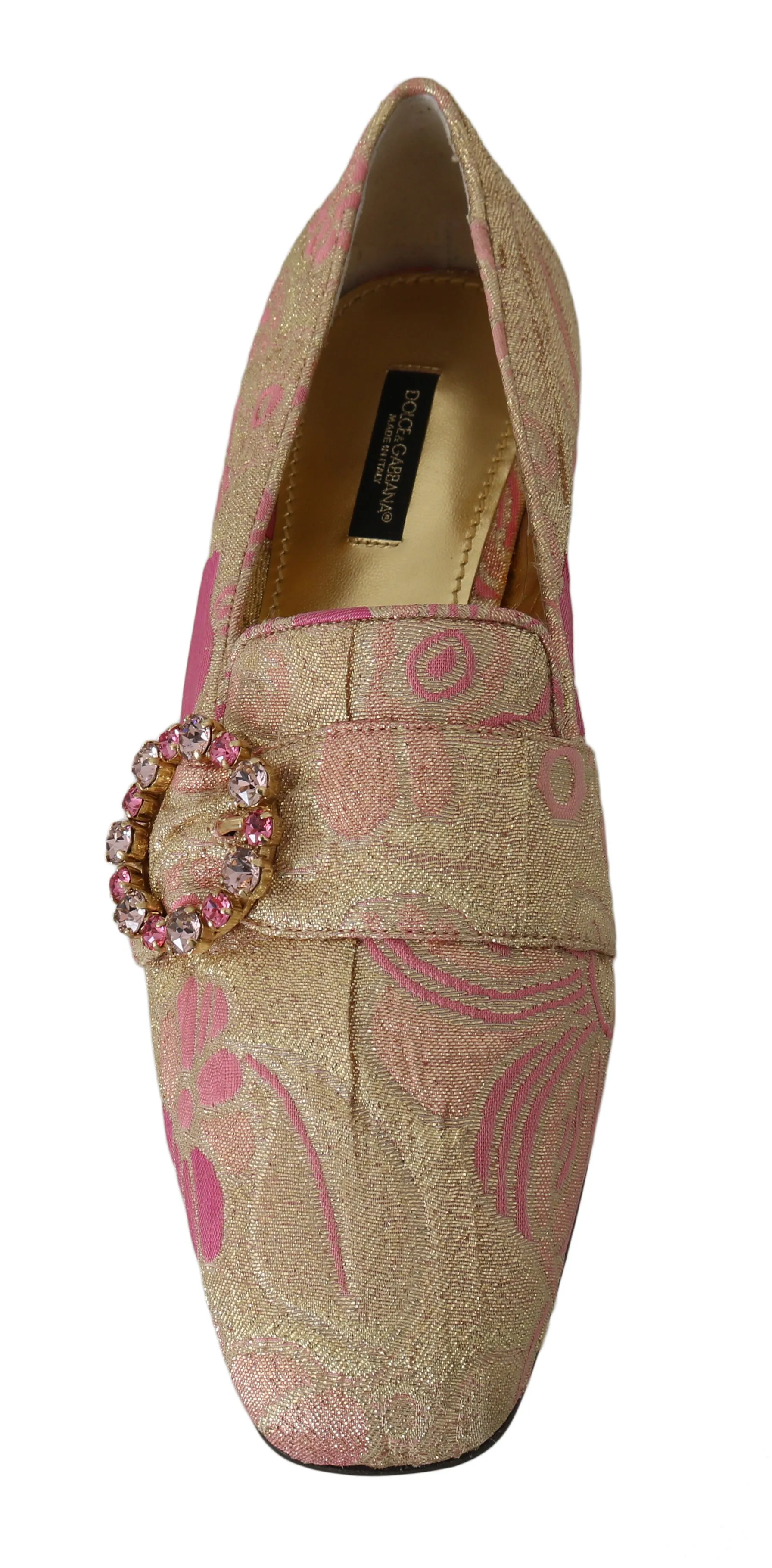 Gold Pink Brocade Crystal Loafers