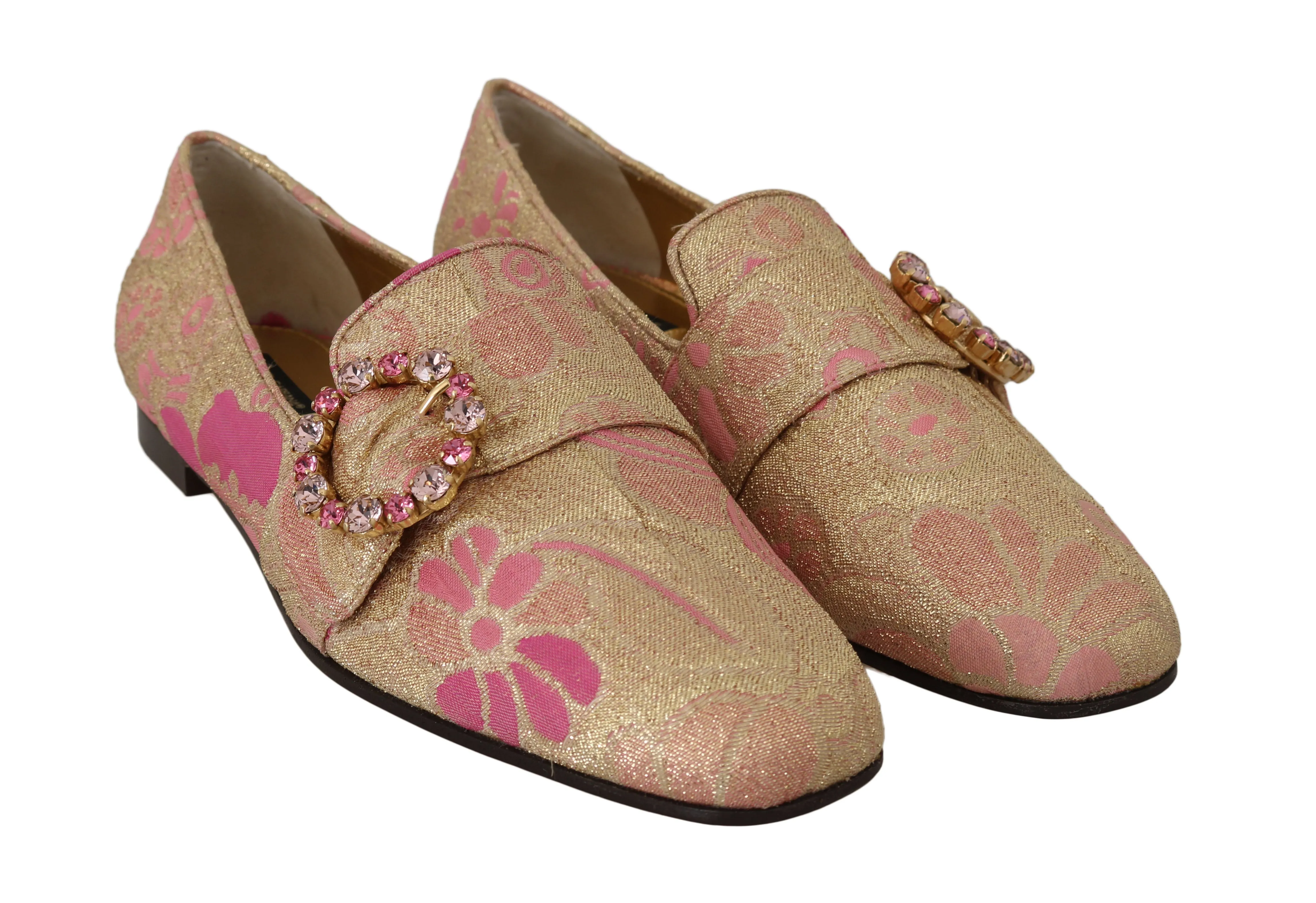Gold Pink Brocade Crystal Loafers