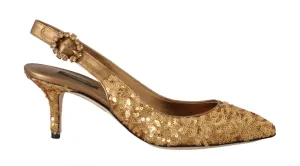 Gold Sequined Leather Slingbacks Shoes