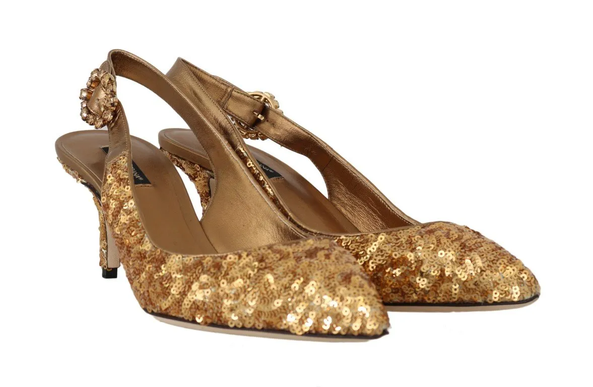 Gold Sequined Leather Slingbacks Shoes