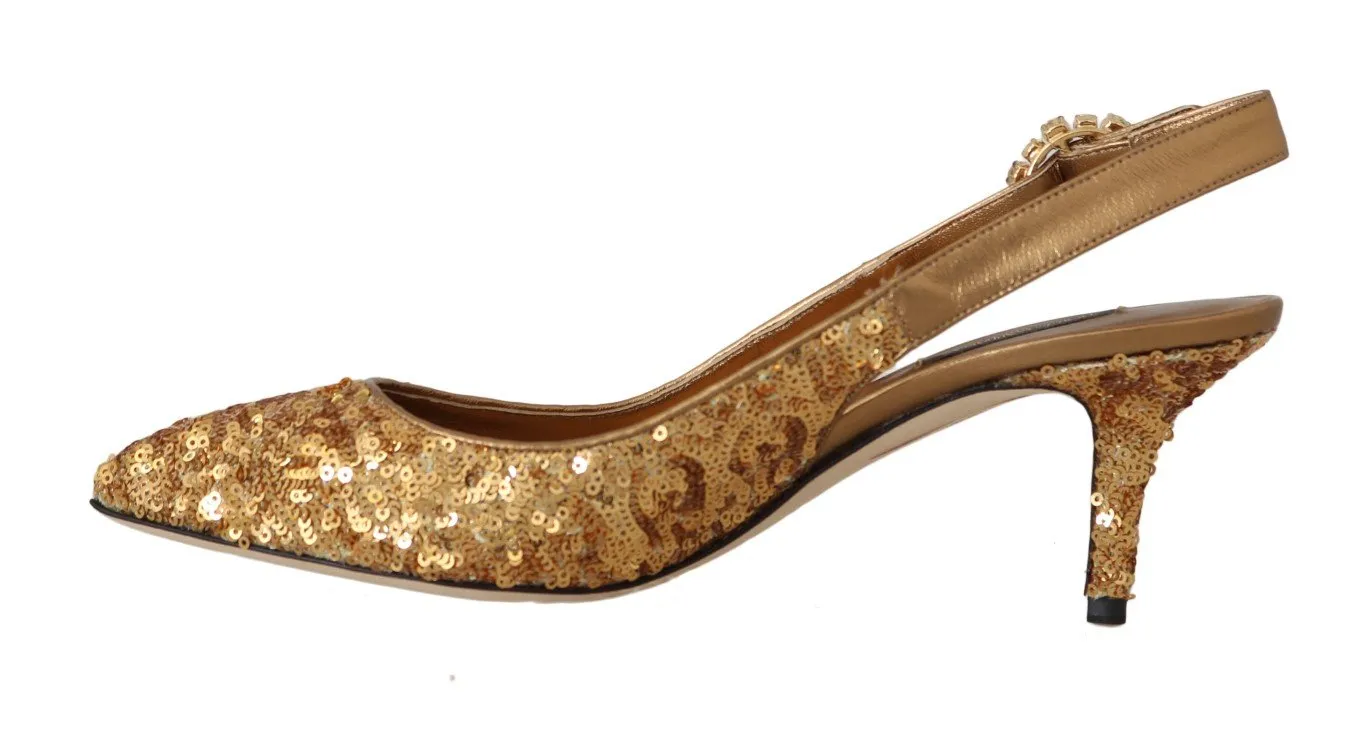 Gold Sequined Leather Slingbacks Shoes