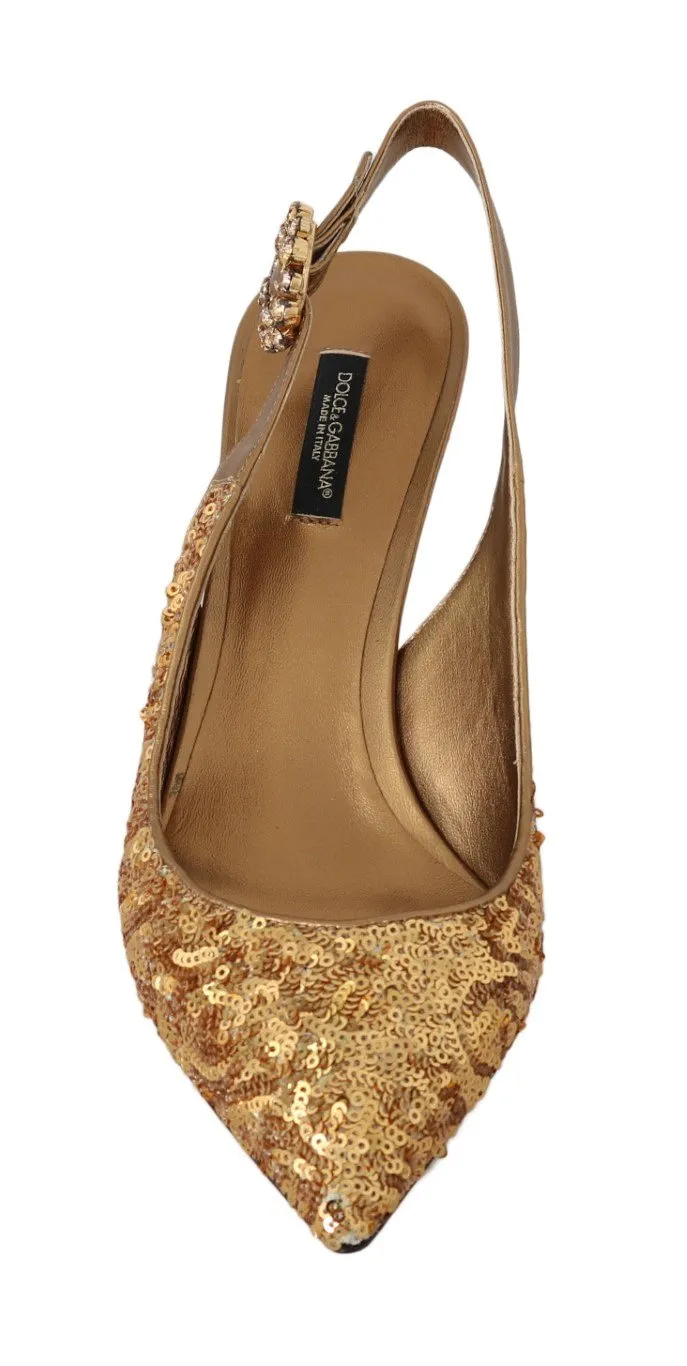 Gold Sequined Leather Slingbacks Shoes