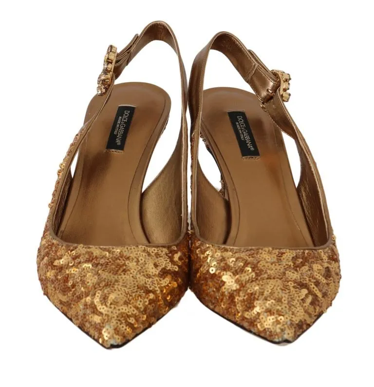 Gold Sequined Leather Slingbacks Shoes