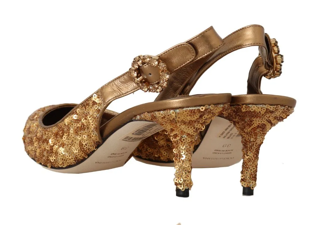 Gold Sequined Leather Slingbacks Shoes
