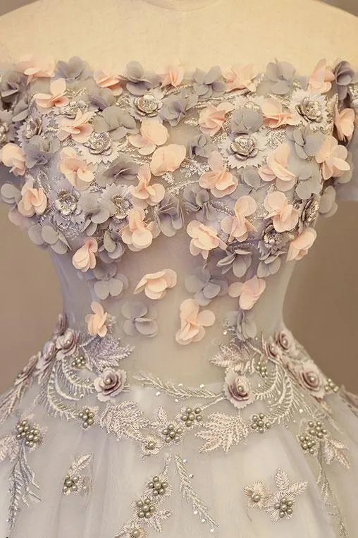 Gorgeous Light Grey Off the Sholder Flowers Formal Gown, Sweet 16 Dresses