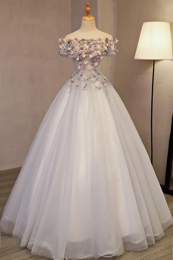 Gorgeous Light Grey Off the Sholder Flowers Formal Gown, Sweet 16 Dresses
