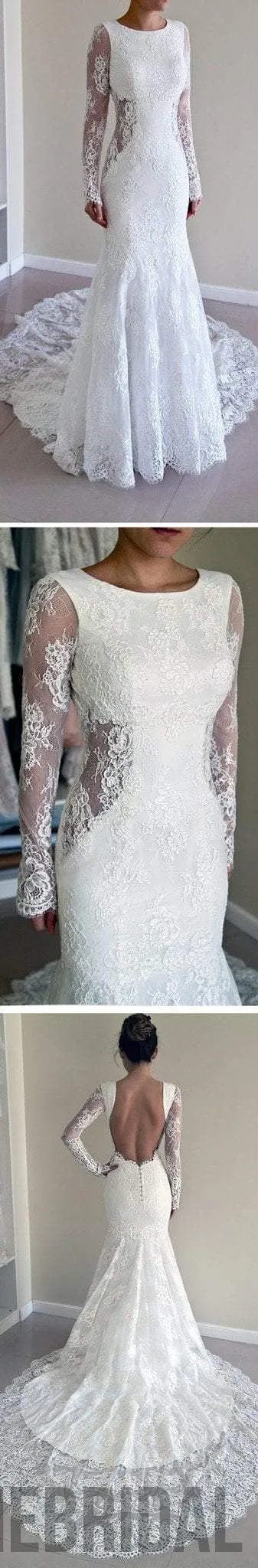 Gorgeous Round Neck Long Sleeve Sexy Mermaid Backless Lace Wedding Party Dresses, WD0040