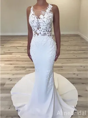 Gorgeous V-neck Lace Mermaid Long Wedding Dresses,WD3088
