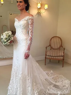 Gorgeous V-neck Off-Shoulder Long Sleeves Mermaid Long Wedding Dresses,WD3096