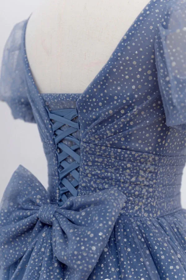 Gray Blue A-Line Tulle Long Prom Dresses Blue Tulle Formal Dresses  TP1228