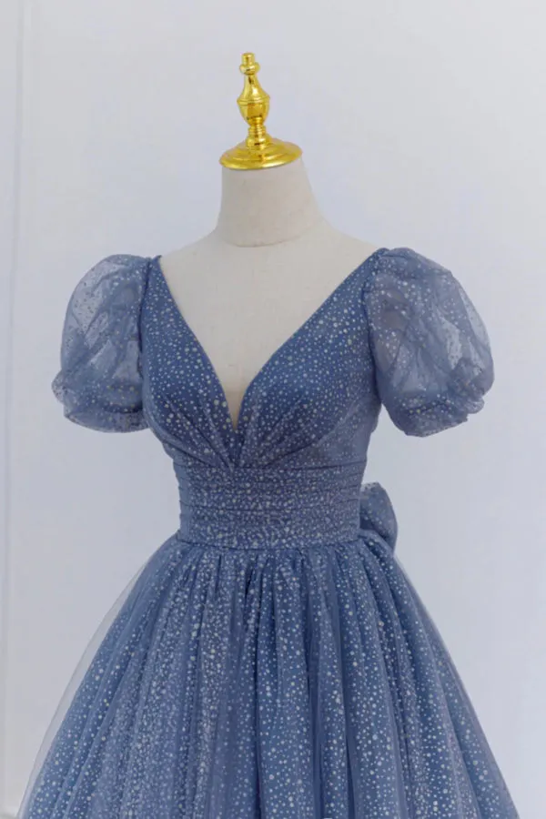 Gray Blue A-Line Tulle Long Prom Dresses Blue Tulle Formal Dresses  TP1228