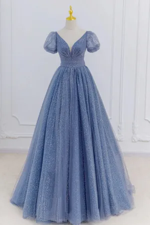 Gray Blue A-Line Tulle Long Prom Dresses Blue Tulle Formal Dresses  TP1228
