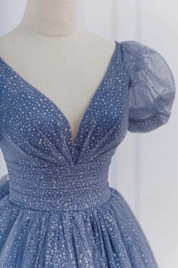 Gray Blue A-Line Tulle Long Prom Dresses Blue Tulle Formal Dresses  TP1228