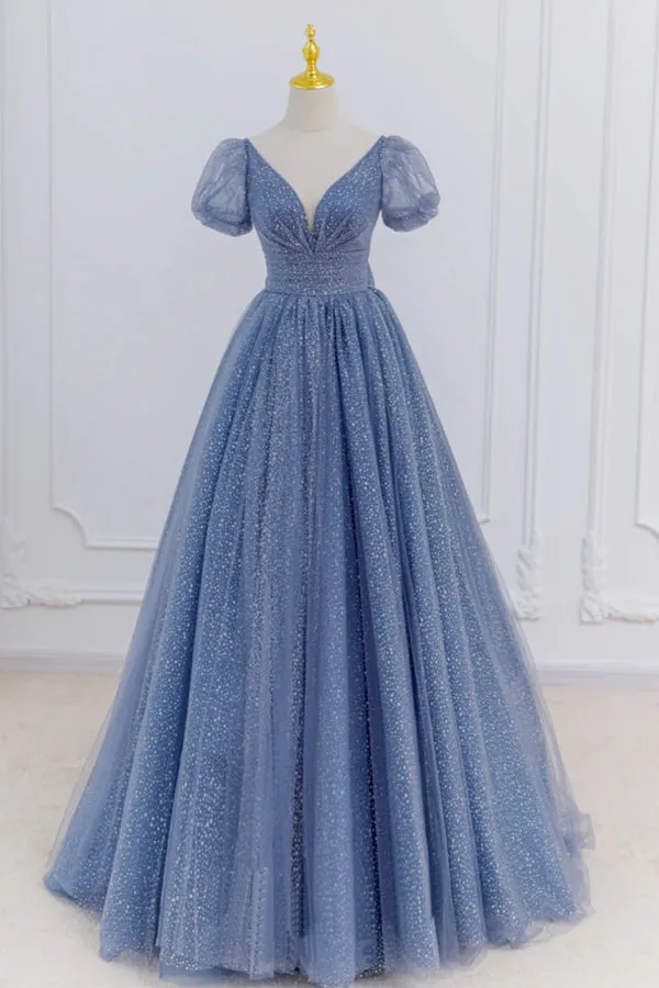 Gray Blue A-Line Tulle Long Prom Dresses Blue Tulle Formal Dresses  TP1228