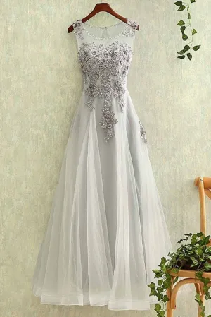 Gray tulle round neck a line lace applique see-through long prom/evening dress OK194