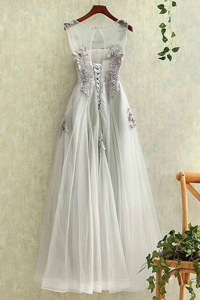 Gray tulle round neck a line lace applique see-through long prom/evening dress OK194