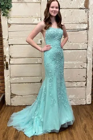 Green Tulle Mermaid Scoop Neck Lace Up Back Prom Dresses TP1226