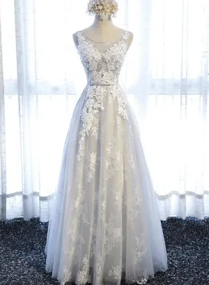Grey Elegant Long Tulle Party Dress with Applique, Grey Formal Gowns, Party Gowns