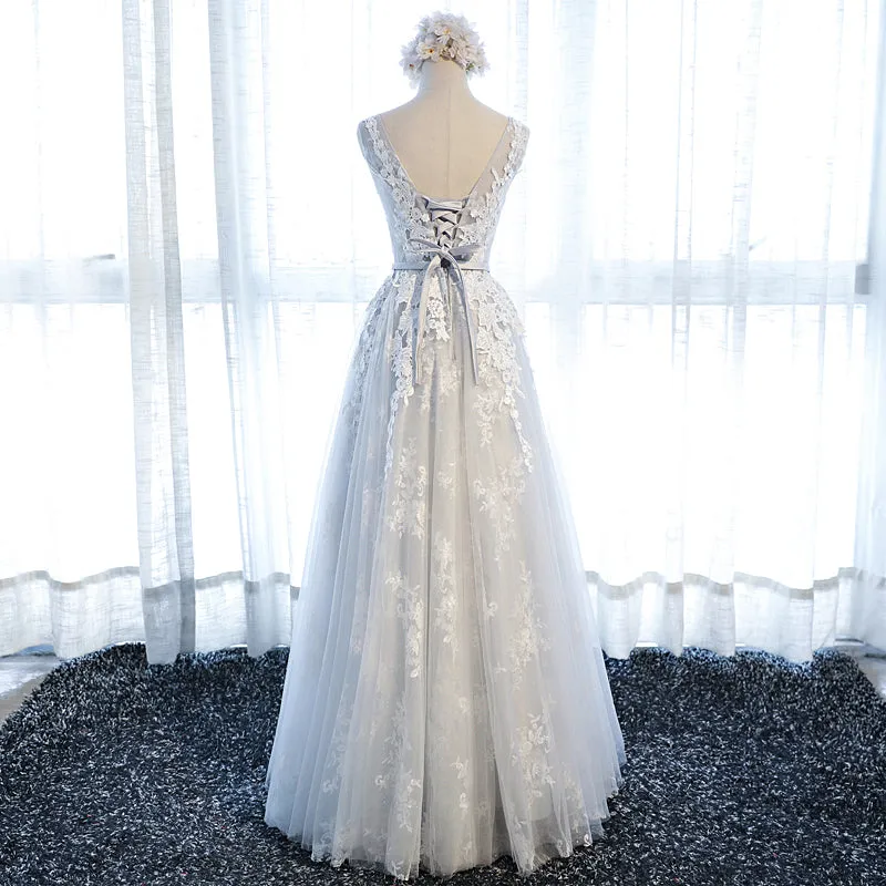 Grey Elegant Long Tulle Party Dress with Applique, Grey Formal Gowns, Party Gowns