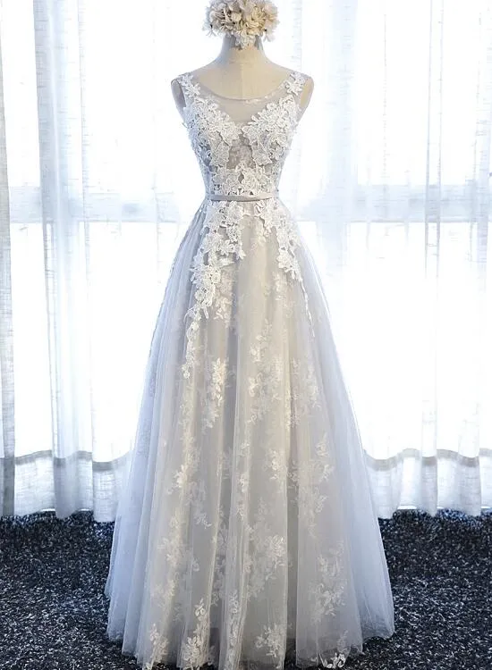 Grey Elegant Long Tulle Party Dress with Applique, Grey Formal Gowns, Party Gowns