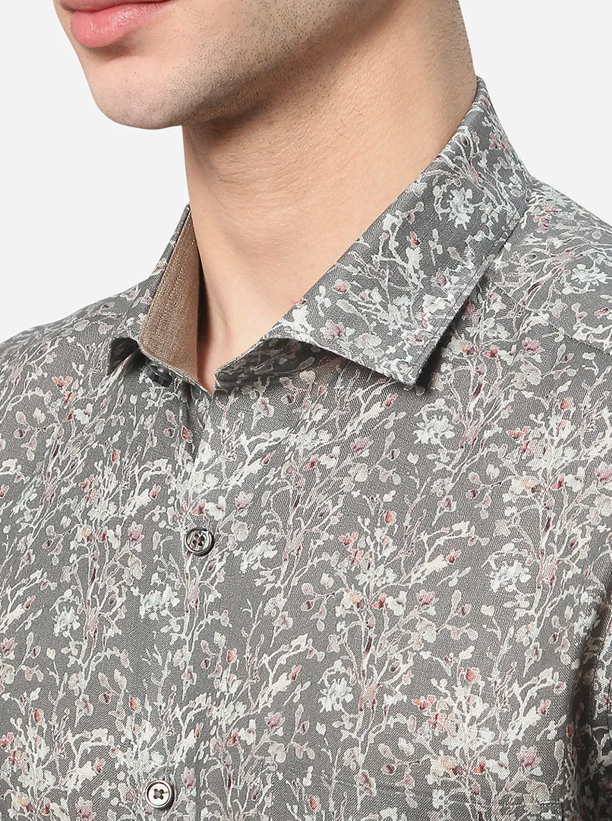 Grey Printed Slim Fit Party Wear Shirt | JB Studio