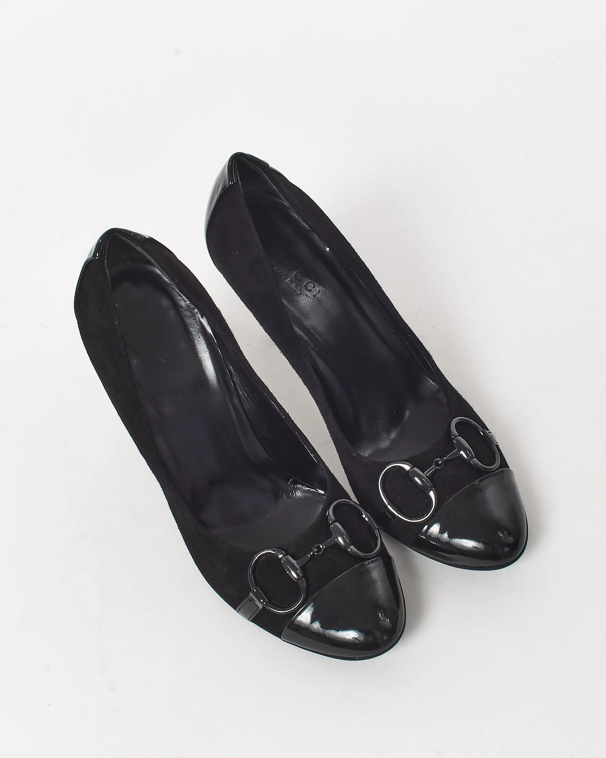 Gucci Black Suede & Patent Leather Horsebit Pumps - 35