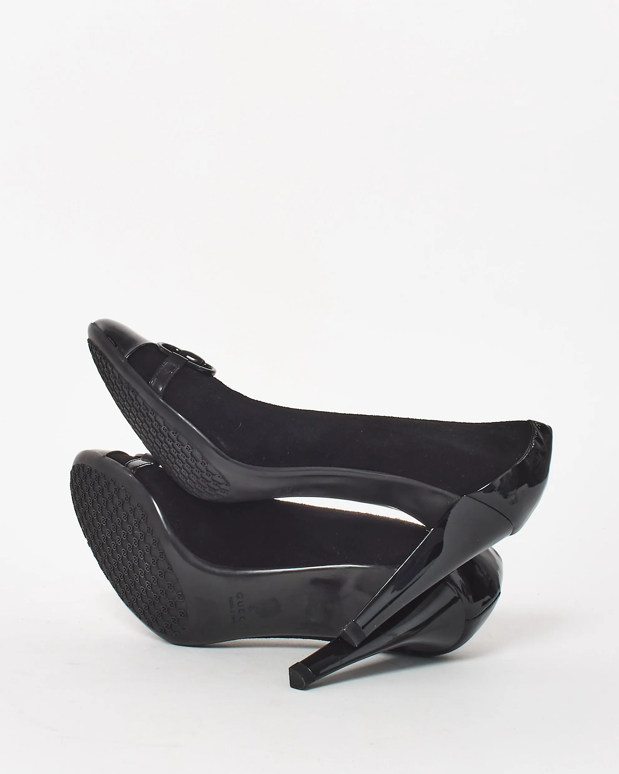 Gucci Black Suede & Patent Leather Horsebit Pumps - 35