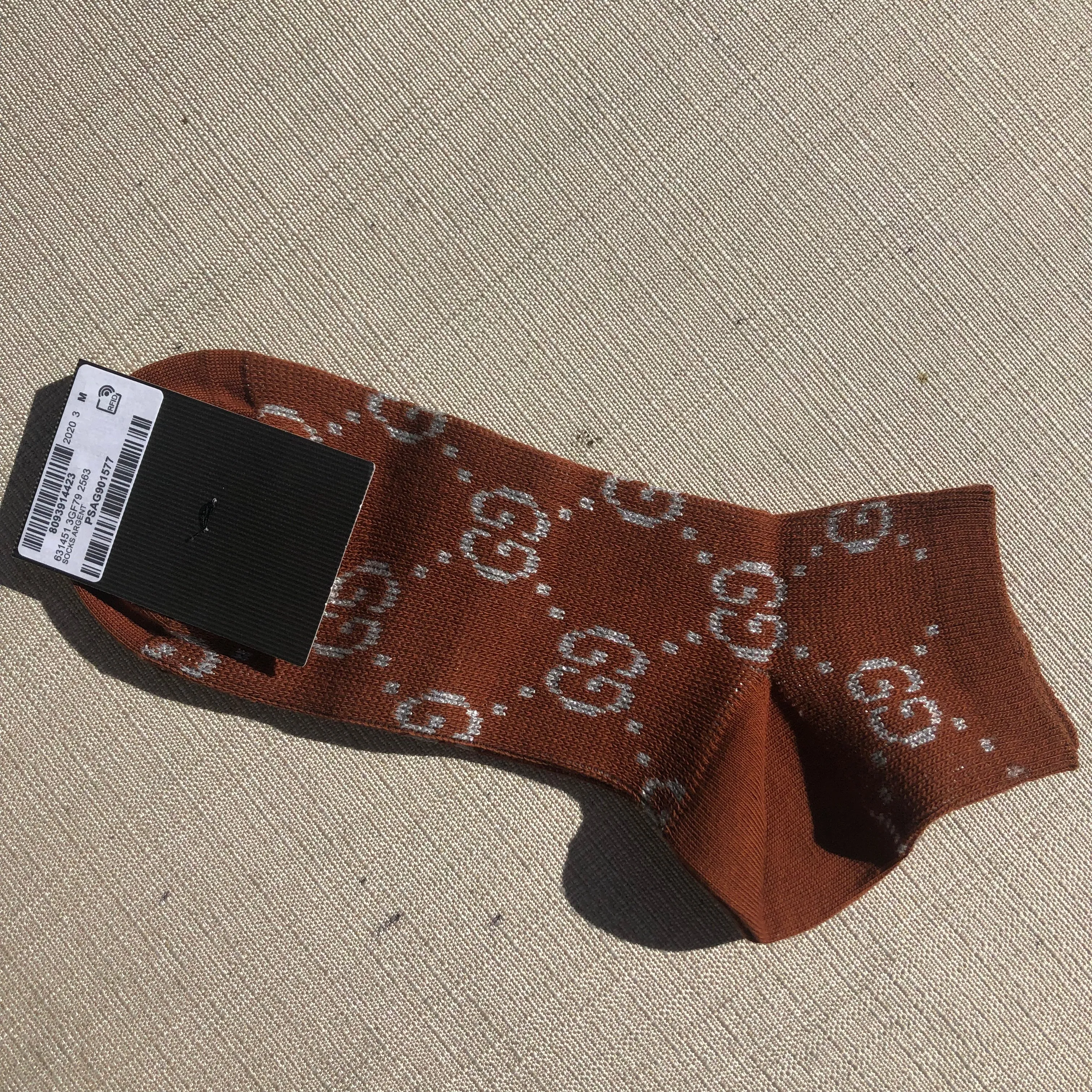 Gucci GG Ankle Socks in Brown with Silver Lamé Interlocking GG