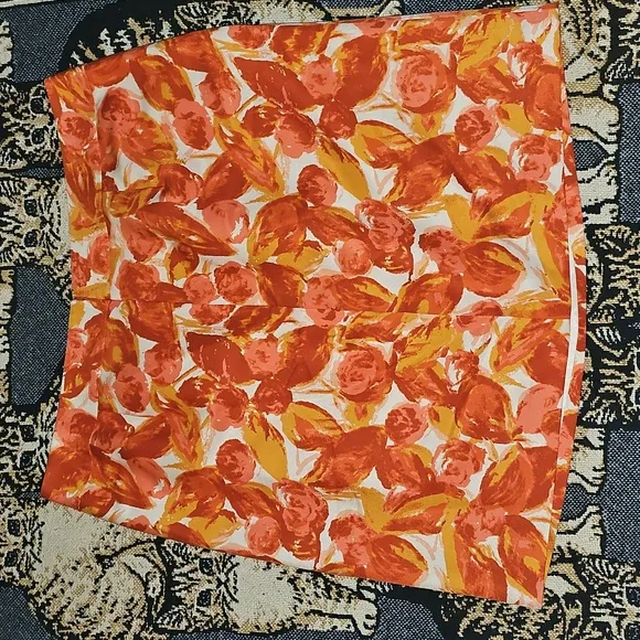 Halogen skirt cotton silk blend lined orange leaf abstract print new b26