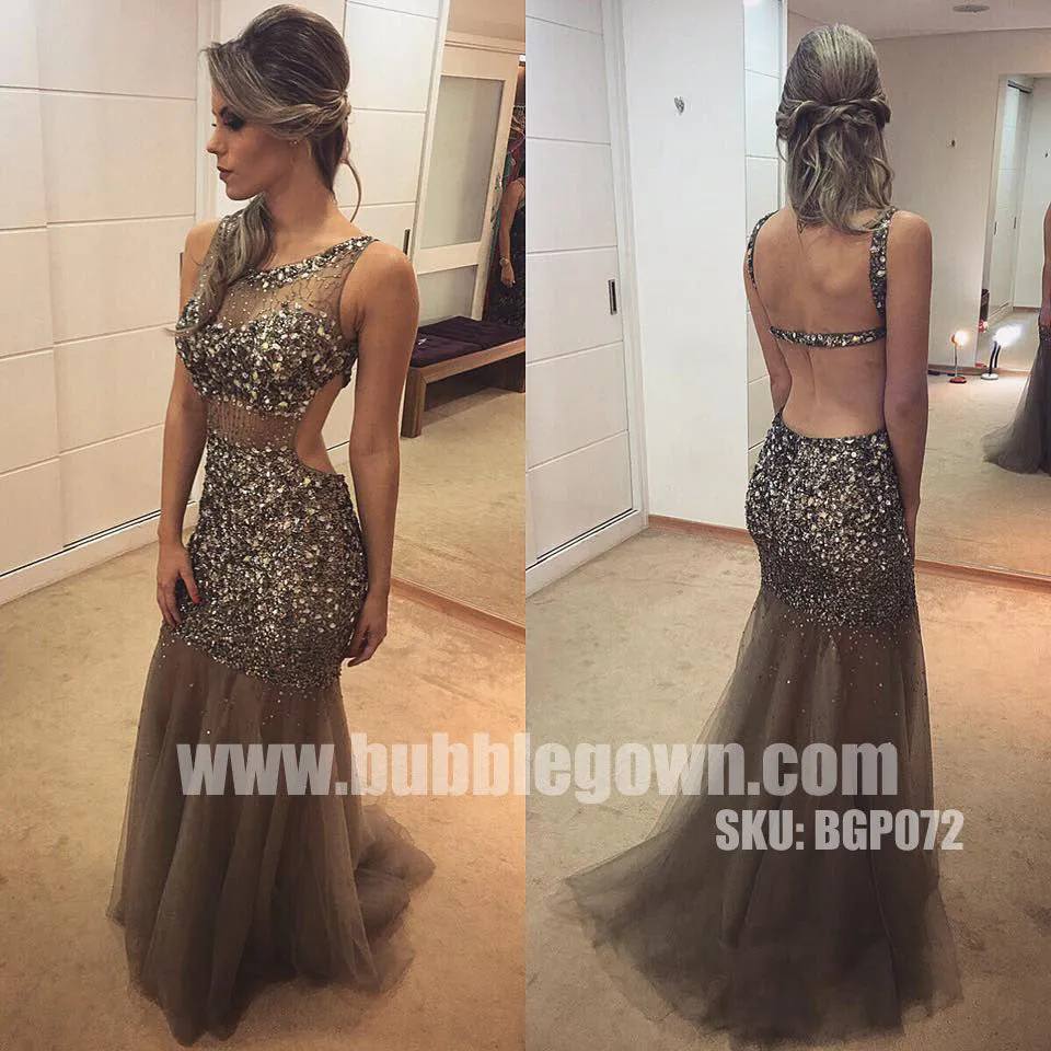 Heavy Beaded Gorgeous Open Back Mermaid Evening Long Prom Dress, BGP072