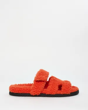 Hermès Orange Shearling Chypre Sandals - 40.5