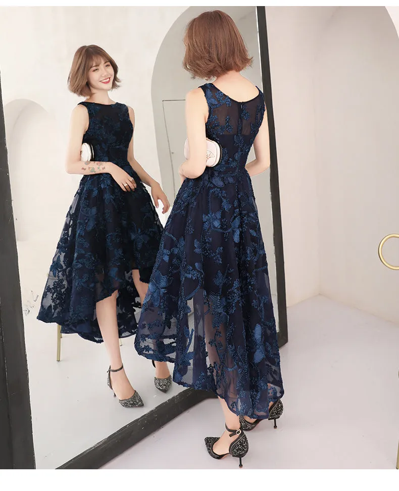 High Low Navy Blue Lace Bridesmaid Dress, Round Neckline Party Dress