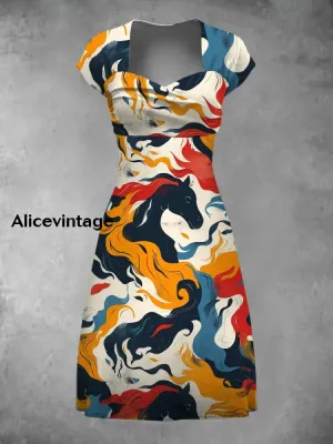 Horse Art Print Short Sleeve Vintage Dress Derby Dress
