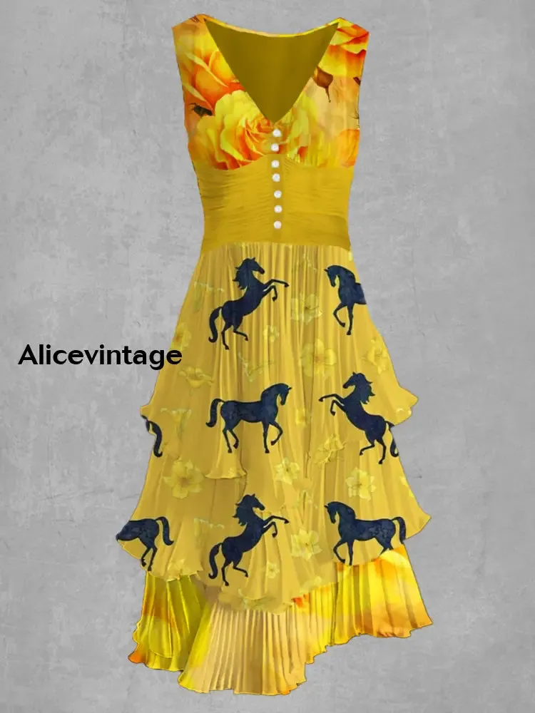 Horse Art Print V-Neck Button Up Retro Midi Dress Derby Dress