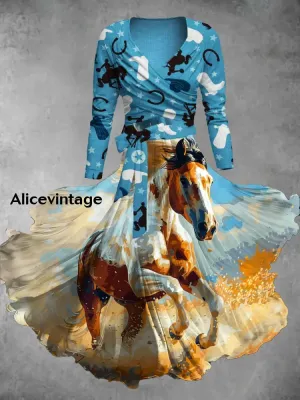 Horse Art Print V-Neck Vintage Long Sleeve Two Piece Dress Derby Dress