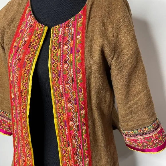 IBU Movement Embroidered Cropped Linen Brown Jacket Handmade
