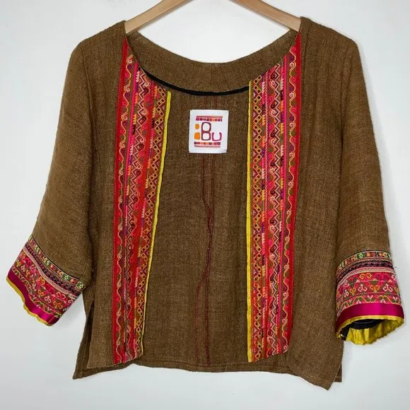 IBU Movement Embroidered Cropped Linen Brown Jacket Handmade