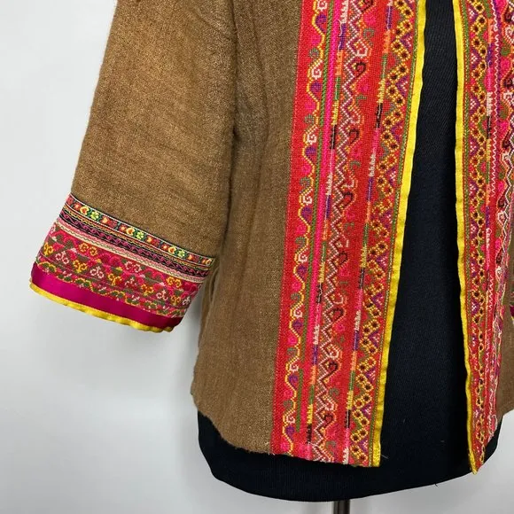 IBU Movement Embroidered Cropped Linen Brown Jacket Handmade