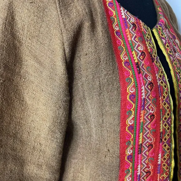 IBU Movement Embroidered Cropped Linen Brown Jacket Handmade