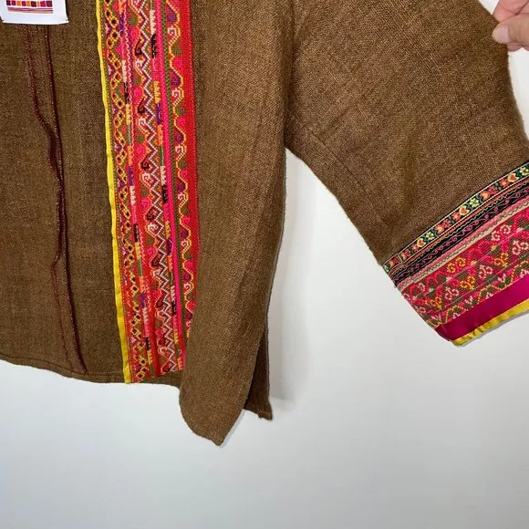 IBU Movement Embroidered Cropped Linen Brown Jacket Handmade