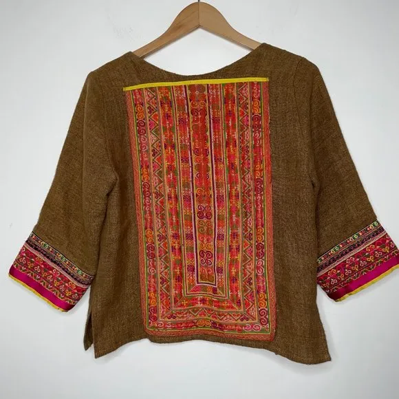 IBU Movement Embroidered Cropped Linen Brown Jacket Handmade
