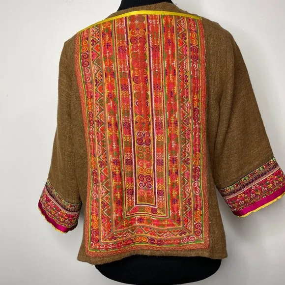 IBU Movement Embroidered Cropped Linen Brown Jacket Handmade