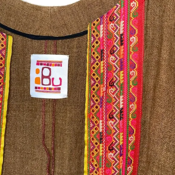 IBU Movement Embroidered Cropped Linen Brown Jacket Handmade