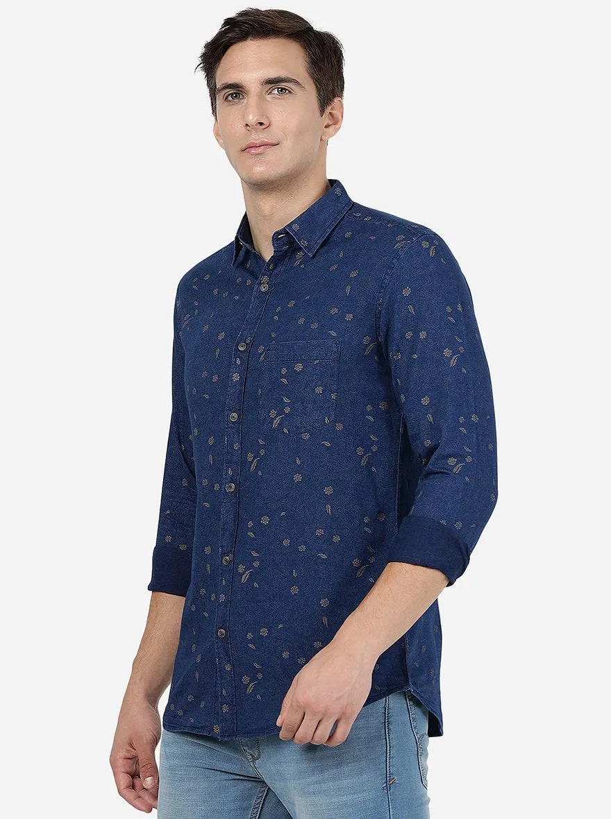 Indigo Blue Printed Slim Fit Casual Shirt | JadeBlue
